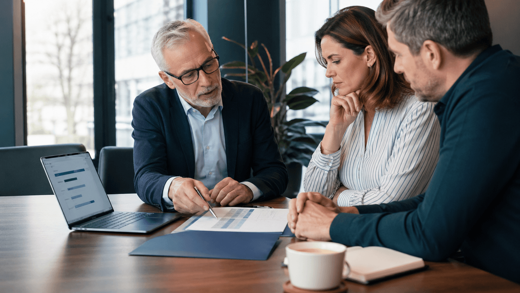 Senior compliance consultant reviewing ISO audit documents with clients across a boardroom table