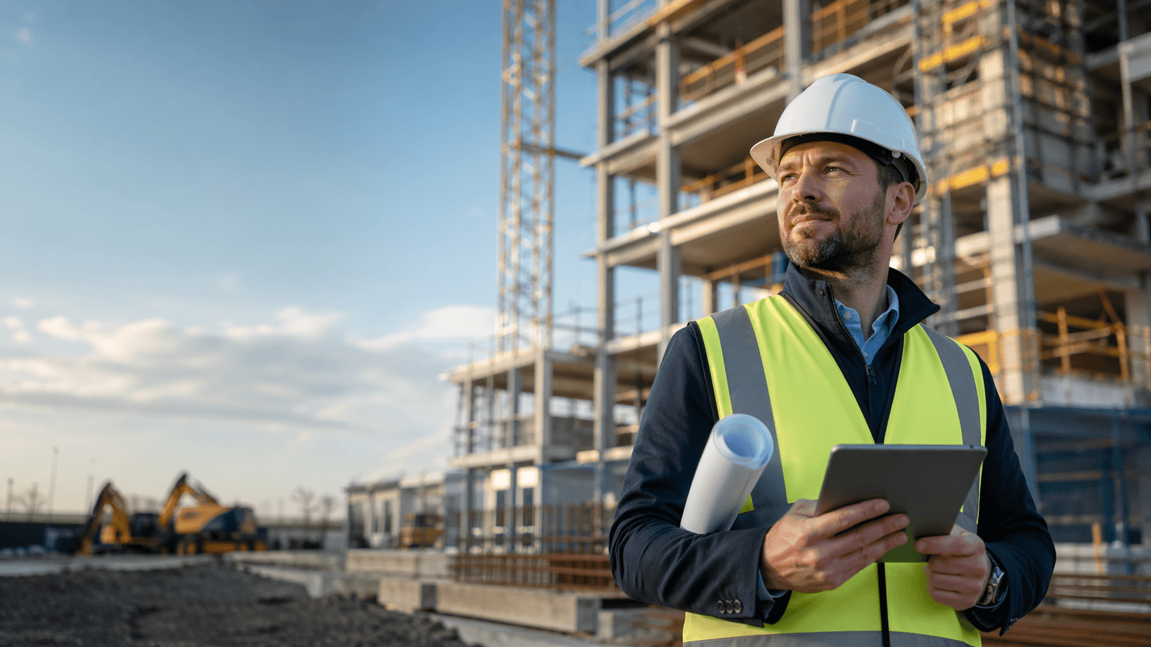 Quantity surveyor on construction site reviewing plans