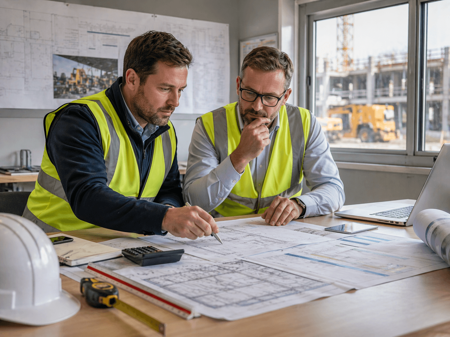 Commercial support team reviewing construction drawings and costs